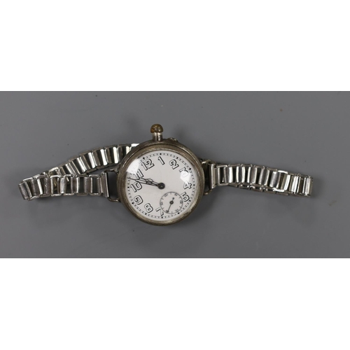 938 - A gentleman's early 20th century silver Borgel cased manual wind wrist watch, on a metal bracelet.... 