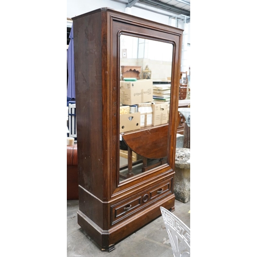 1001 - A 19th century French rosewood mirrored armoire, width 10cm depth 43cm height 194cm