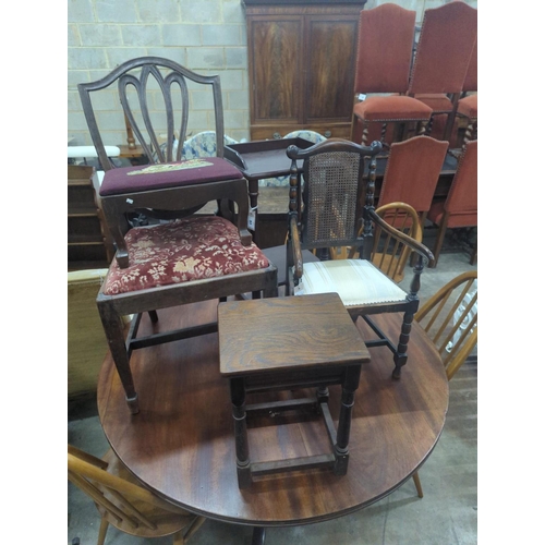 1051 - An early 20th century caned beech child's elbow chair, a George III dining chair, two stools and a V... 