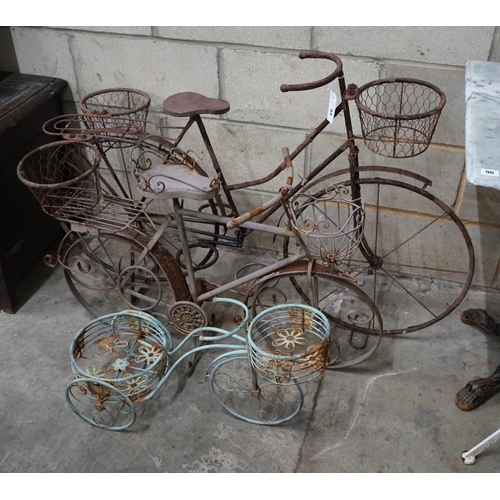 1054 - Three wirework bicycle garden planters, longest 120cm