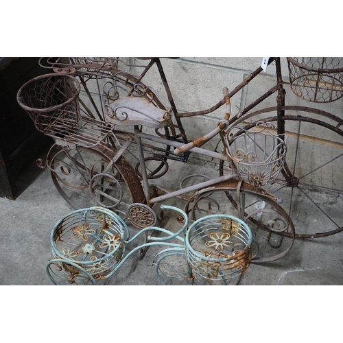 1054 - Three wirework bicycle garden planters, longest 120cm