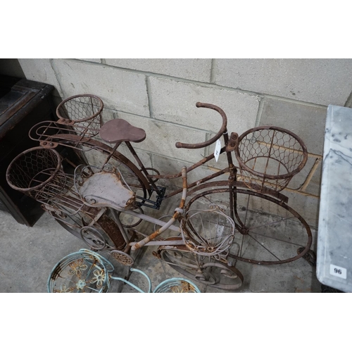 1054 - Three wirework bicycle garden planters, longest 120cm