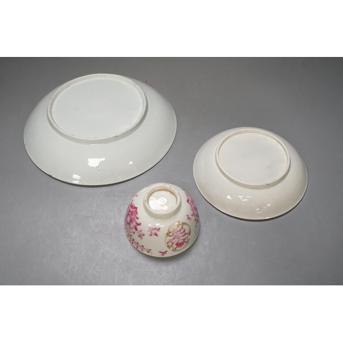 1416 - Worcester Meissen style teawares with puce flowers a teabowl and saucer, and a saucer shaped dish c.... 