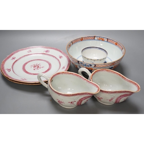 1417 - A group of 18th century chinese export: two plates, two sauceboats, a bowl and a tea bowl... 