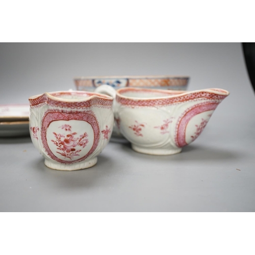 1417 - A group of 18th century chinese export: two plates, two sauceboats, a bowl and a tea bowl... 