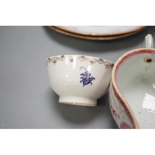 1417 - A group of 18th century chinese export: two plates, two sauceboats, a bowl and a tea bowl... 