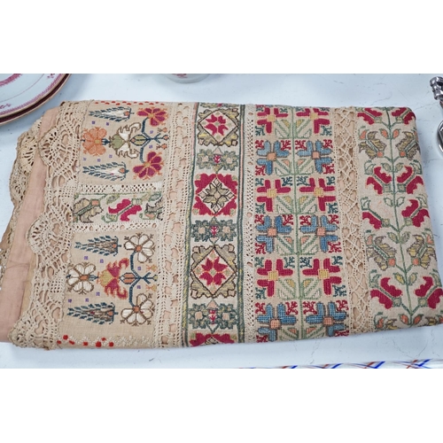 1419 - A 19th century Greek Islands polychrome silk embroidered runner on cram linen, with silk and linen b... 