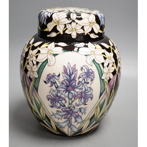 1441 - A Moorcroft trial 16.3.18 'hyacinth' jar and cover, boxed, (possibly limited edition of 15),20cms hi... 