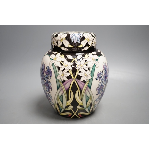 1441 - A Moorcroft trial 16.3.18 'hyacinth' jar and cover, boxed, (possibly limited edition of 15),20cms hi... 