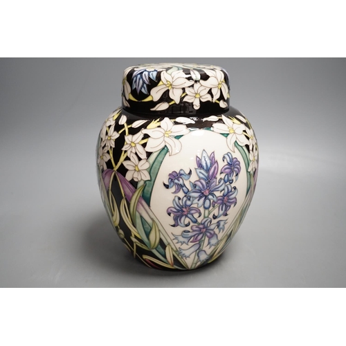 1441 - A Moorcroft trial 16.3.18 'hyacinth' jar and cover, boxed, (possibly limited edition of 15),20cms hi... 