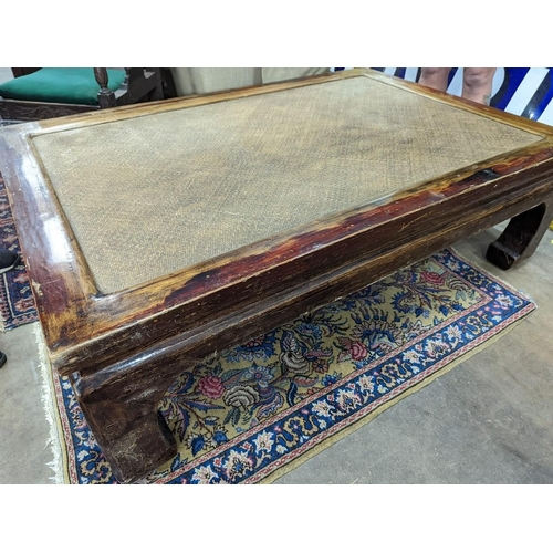 1074 - A Chinese caned elm rectangular coffee table, width 149cm depth 99cm height 46cm