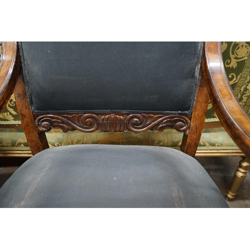 1076 - A pair of George II style burr walnut elbow chairs, on lions paw feet, width 58cm, depth 70cm, heigh... 