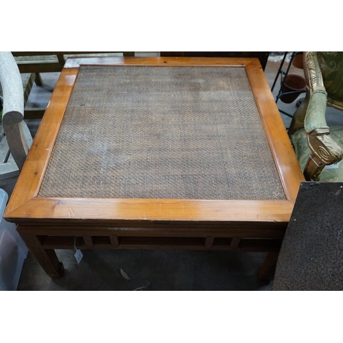 1083 - A Chinese caned pine and hardwood square low table, width 97cm height 51cm