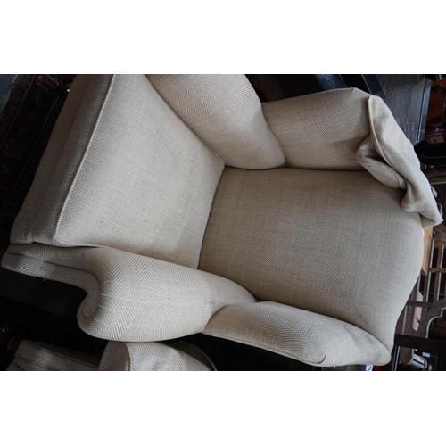 1085 - A pair of Duresta wing armchairs, upholstered in a natural herringbone fabric, width 92cm depth 80cm... 