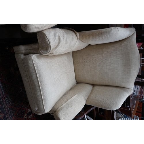 1085 - A pair of Duresta wing armchairs, upholstered in a natural herringbone fabric, width 92cm depth 80cm... 