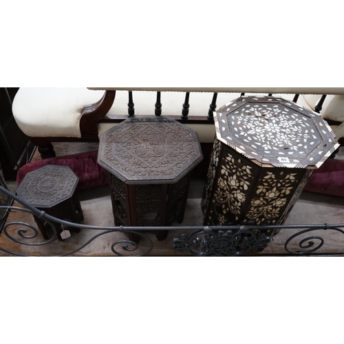 1089 - Threee Indian and Moorish octagonal occasional tables, largest width 43cm height 53cm