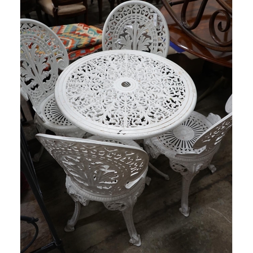 1091 - A Victorian style painted aluminium garden table and four chairs, table diameter 68cm height 65cm... 