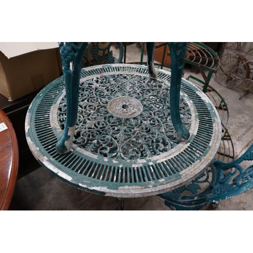 1094 - A circular painted aluminium garden table and three chairs, table diameter 79cm height 67cm... 