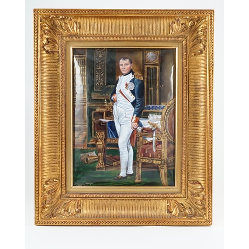 100 - A Limoges enamel plaque of Napoleon, standing in his study, signed by M. Betowine after David, 33.5 ... 