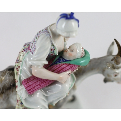 106 - A Meissen group of the tailors wife riding a goat, 19th century, blue crossed swords mark and incis... 