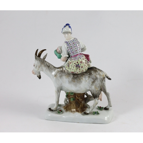 106 - A Meissen group of the tailors wife riding a goat, 19th century, blue crossed swords mark and incis... 