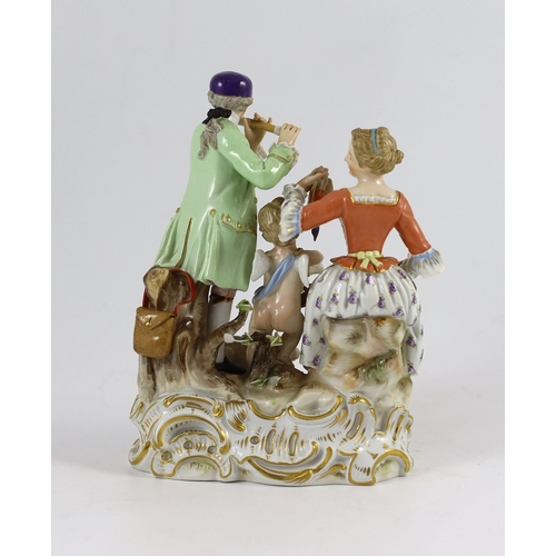 108 - A Meissen Group of a young couple, Cupid and a hare, 19th century, blue crossed swords mark and inci... 