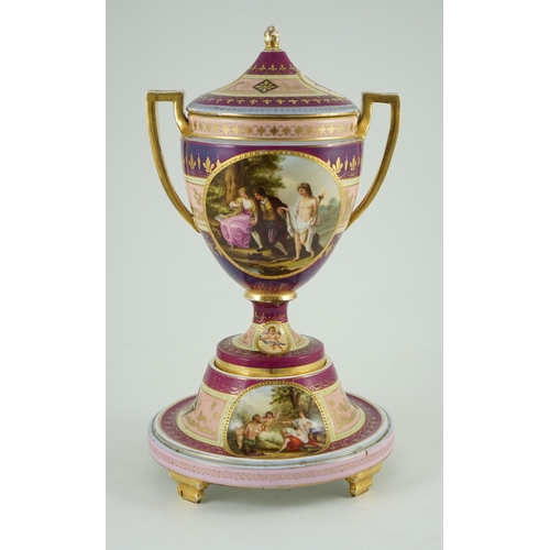 109 - A Vienna style porcelain two handled cup, cover and stand, late 19th century, finely painted with cl... 