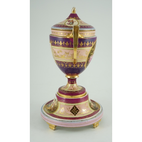 109 - A Vienna style porcelain two handled cup, cover and stand, late 19th century, finely painted with cl... 