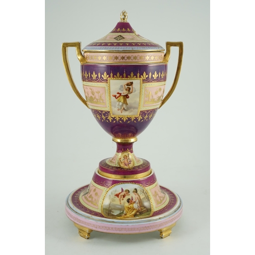 109 - A Vienna style porcelain two handled cup, cover and stand, late 19th century, finely painted with cl... 