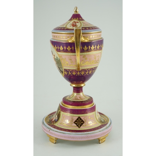 109 - A Vienna style porcelain two handled cup, cover and stand, late 19th century, finely painted with cl... 