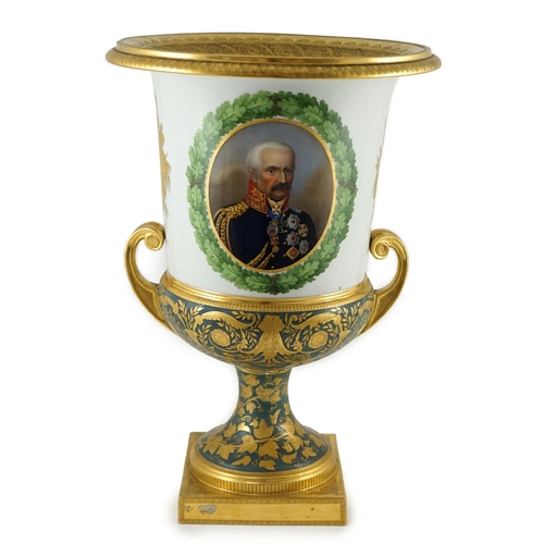 110 - Napoleonic Wars interest: A large Berlin porcelain twin handled urn, c.1816, presented to Sir Henry ... 