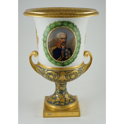 110 - Napoleonic Wars interest: A large Berlin porcelain twin handled urn, c.1816, presented to Sir Henry ... 