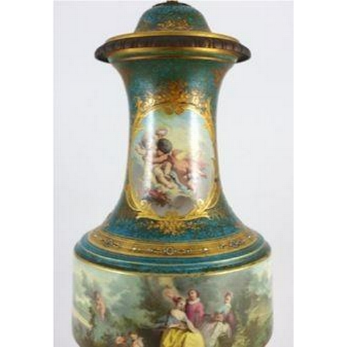 111 - A large Sevres style porcelain ormolu mounted vase and cover, late 19th century, painted with fete g... 