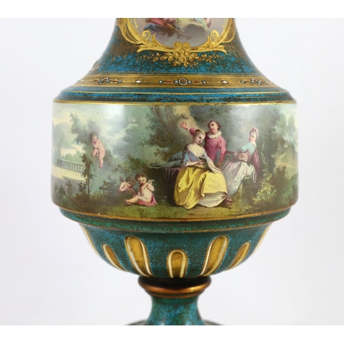 111 - A large Sevres style porcelain ormolu mounted vase and cover, late 19th century, painted with fete g... 