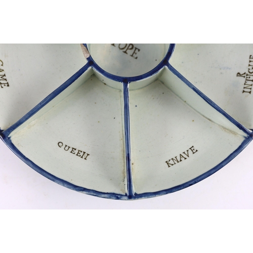 118 - A rare pearlware dish shaped Pope Joan gaming rack, early 19th century, each section inscribed inclu... 