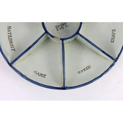 118 - A rare pearlware dish shaped Pope Joan gaming rack, early 19th century, each section inscribed inclu... 