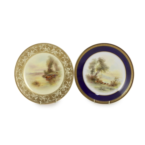 122 - Two Royal Worcester Stinton painted cattle at dusk plates, c.1912, the first painted by Harry Stin... 