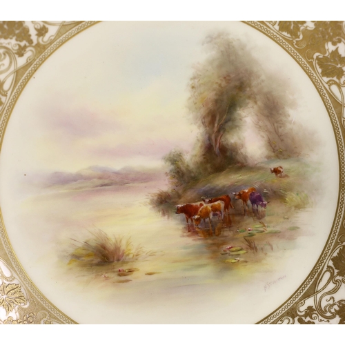 122 - Two Royal Worcester Stinton painted cattle at dusk plates, c.1912, the first painted by Harry Stin... 