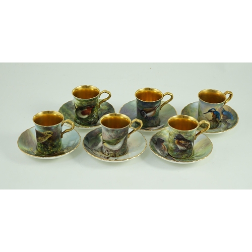 124 - A set of six Paragon bird painted cabinet cups and saucers, 1950s, each cup and saucer finely painte... 