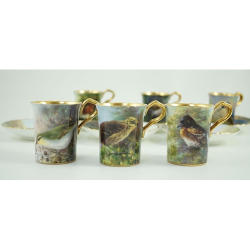 124 - A set of six Paragon bird painted cabinet cups and saucers, 1950s, each cup and saucer finely painte... 