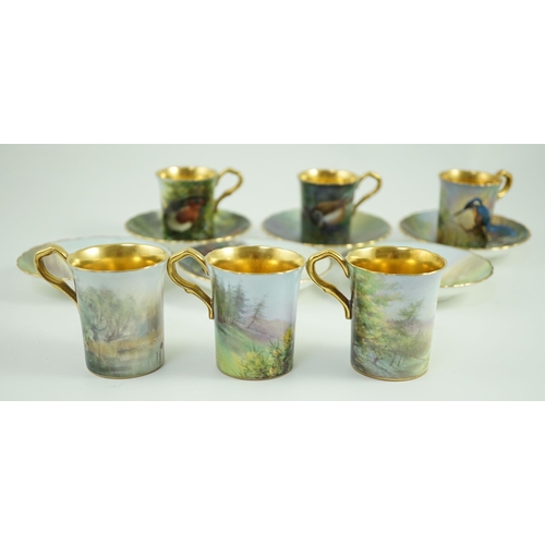 124 - A set of six Paragon bird painted cabinet cups and saucers, 1950s, each cup and saucer finely painte... 