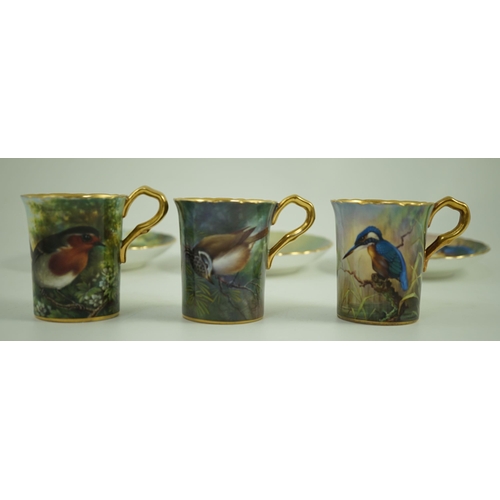 124 - A set of six Paragon bird painted cabinet cups and saucers, 1950s, each cup and saucer finely painte... 