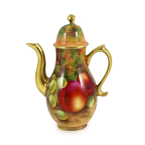 125 - A small Royal Worcester fruit painted coffee pot, by E. Townsend, date code for 1932, painted with p... 