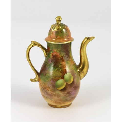 125 - A small Royal Worcester fruit painted coffee pot, by E. Townsend, date code for 1932, painted with p... 