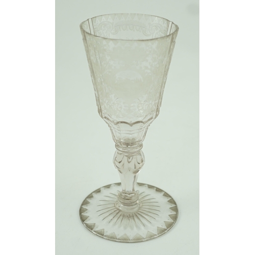 126 - A Silesian wheel engraved glass goblet, c.1760, possibly made in Szklarska Poreba, finely engraved w... 