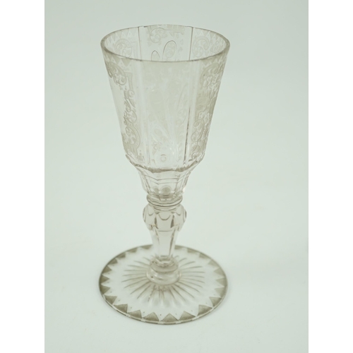 126 - A Silesian wheel engraved glass goblet, c.1760, possibly made in Szklarska Poreba, finely engraved w... 