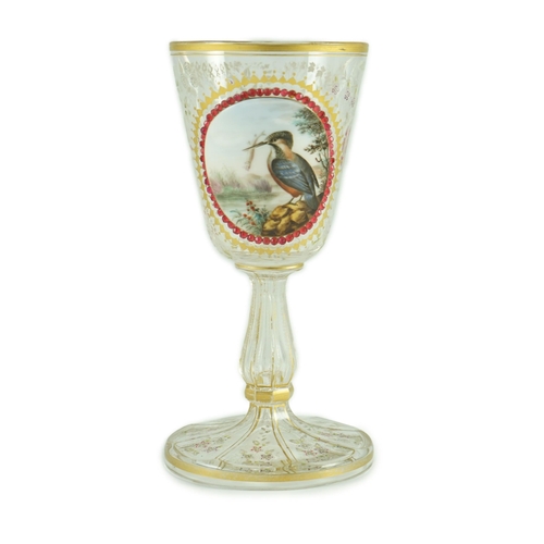 128 - A Bohemian enamelled glass Kingfisher goblet, late 19th century, enamelled to an oval white glass ... 