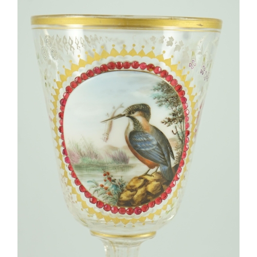 128 - A Bohemian enamelled glass Kingfisher goblet, late 19th century, enamelled to an oval white glass ... 