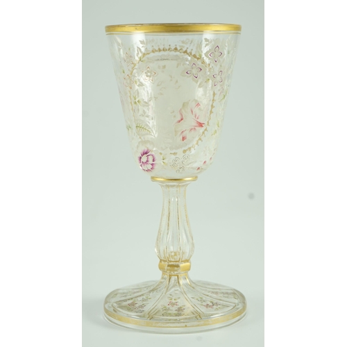 128 - A Bohemian enamelled glass Kingfisher goblet, late 19th century, enamelled to an oval white glass ... 