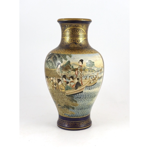 129 - A large Japanese Satsuma pottery vase, Meiji period, painted with ladies and children amid pavilions... 